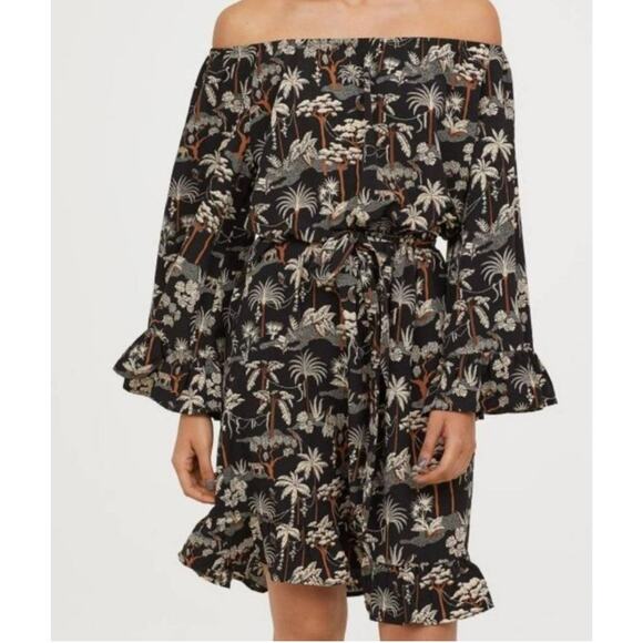 H&M Dresses & Skirts - H&M Black Off the Shoulder Ruffle Sleeve Tropical Print Flouncy Dress Size M